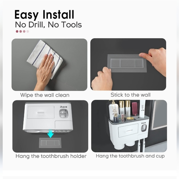 IHave 2 Cups Wall Mounted Toothbrush Holder With Toothpaste Dispenser - Picture 3 of 9